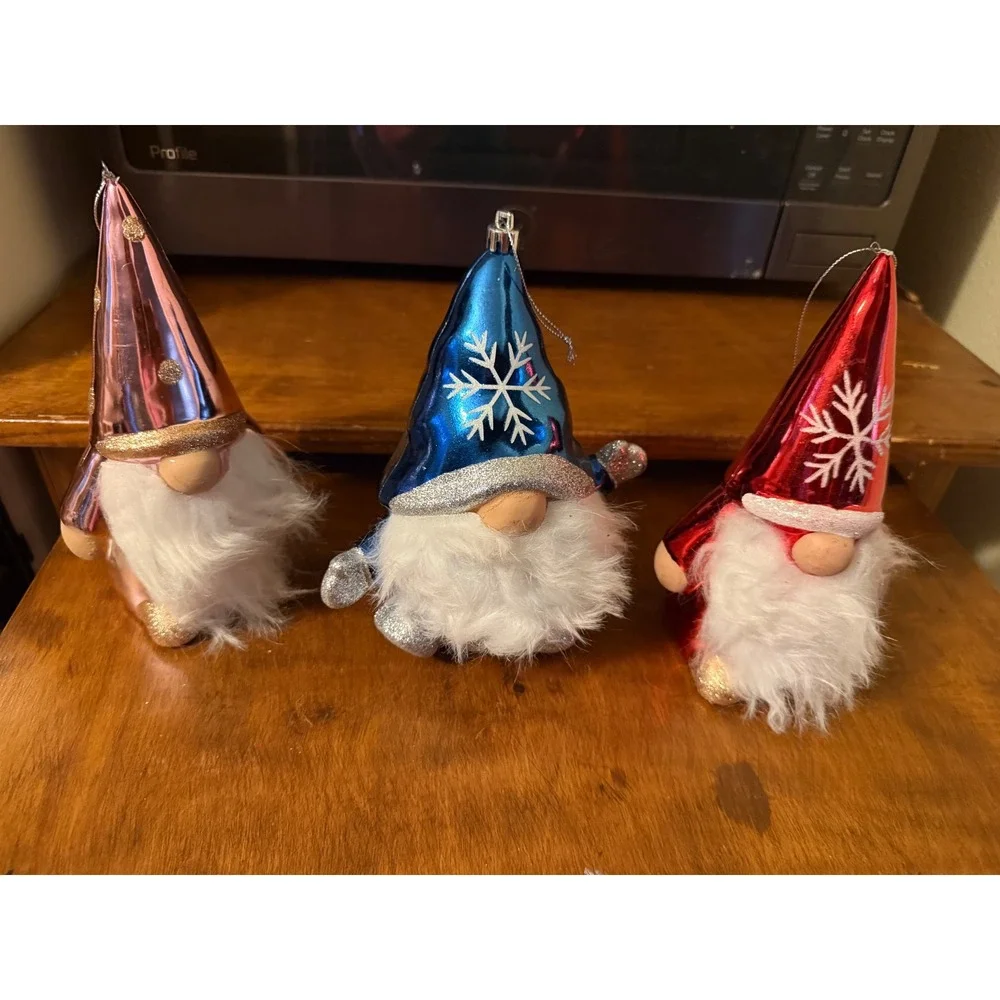 Set of 3 Christmas Gnome Ornaments Metallic Pink Blue Red Snowflake Glitter